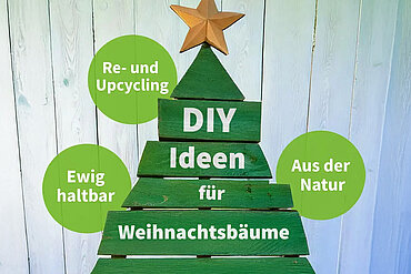 Ein selbstgebauter Weihnachtsbaum aus grünen Brettern. Darauf das Wort DIY. Daneben die Worte "Re- und Upcycling", "Ewig haltbar" und "Aus der Natur". 