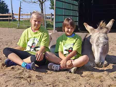 Kinder mit Esel Darwin auf dem Lottihof