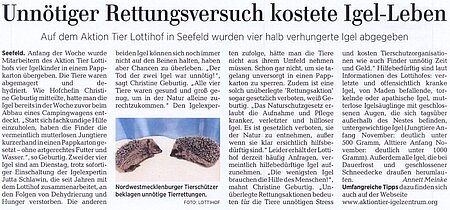 26. September 2019 | Ostseezeitung | Unnötiger Rettungsversuch kostete Igel Leben