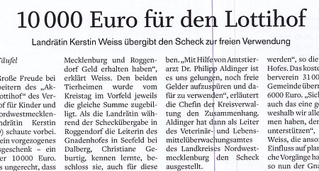 7. Dezember 1019 | Schweriner Volkszeitung | 10.000 Euro für den Lottihof